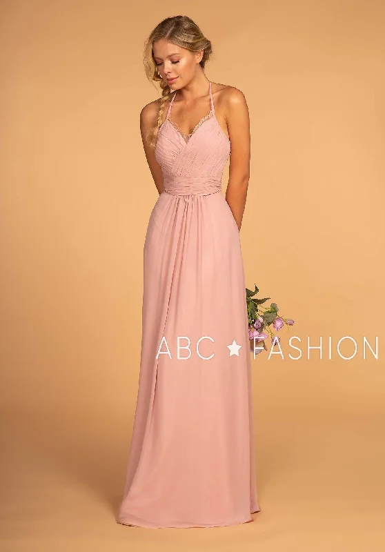 bridesmaid dresses with floral appliques for romantic look --Long V-Neck Pleated Dress with Lace Details by Elizabeth K GL2606