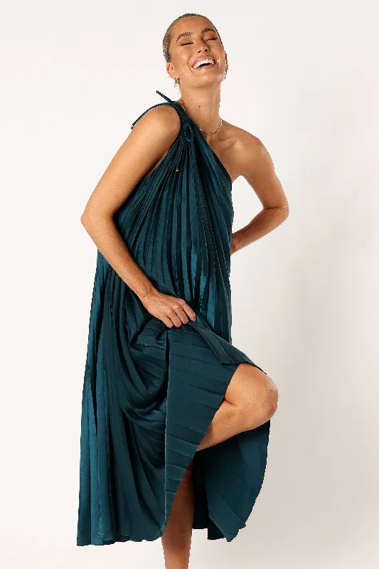 formal dresses with floral prints for garden weddings --Selena One Shoulder Midi Dress - Emerald