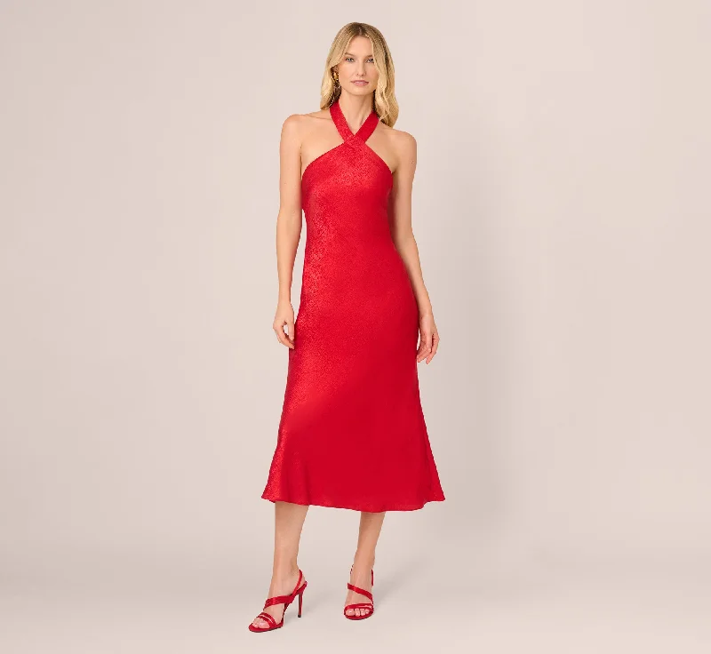 Wedding guest dresses in timeless black for every season -Foil Woven Halter Midi Dress In Red