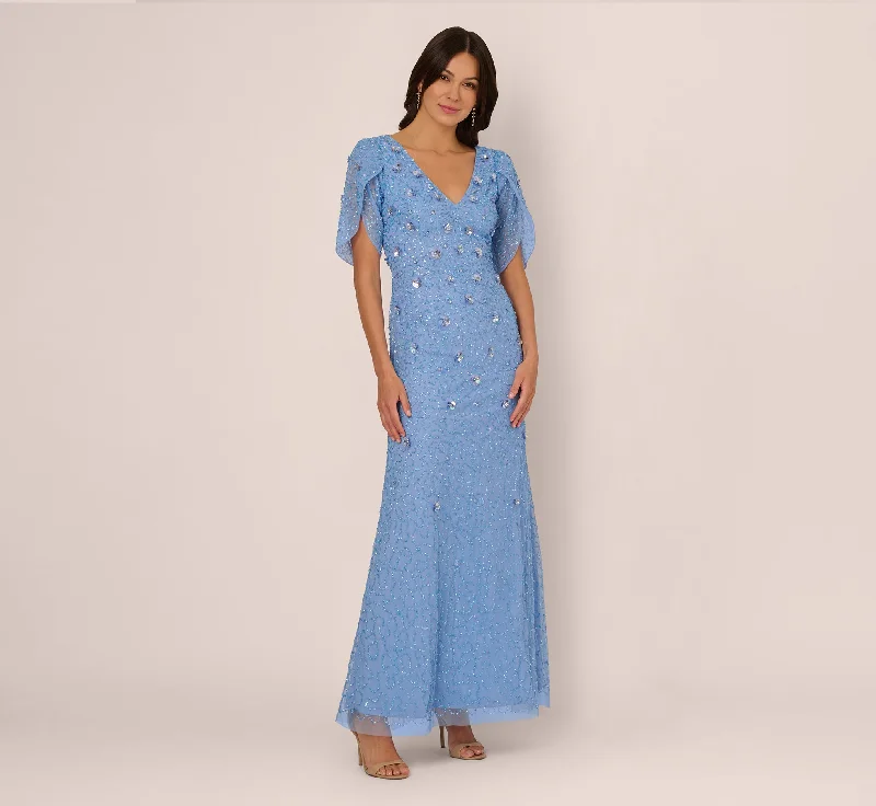 formal dresses with adjustable straps for custom fit --Tulip Sleeve 3D Floral Beaded Mermaid Dress In Bluebell