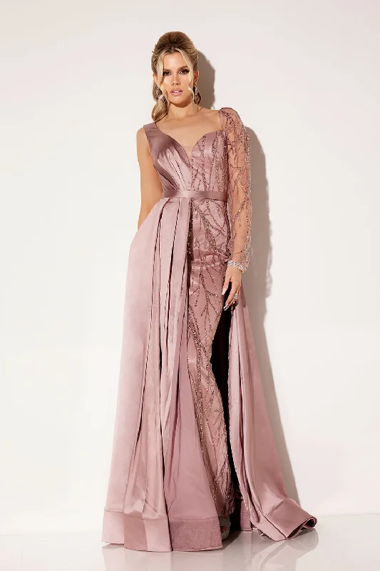 cocktail dresses with floral prints for daytime events --Satin Long Sleeve Overskirt Gown by Lucci Lu C8068