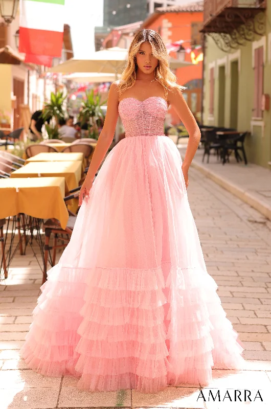 formal dresses for prom with tulle skirts and corset tops --Strapless Corset A-line Ruffled Gown by Amarra 88277