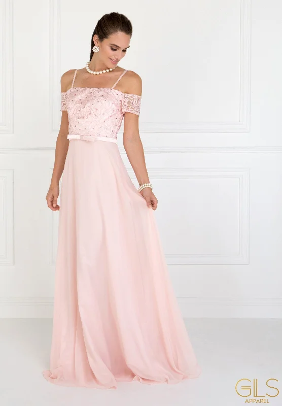 bridesmaid dresses for winter weddings with velvet fabric --Long Cold Shoulder Dress with Embroidery by Elizabeth K GL1521