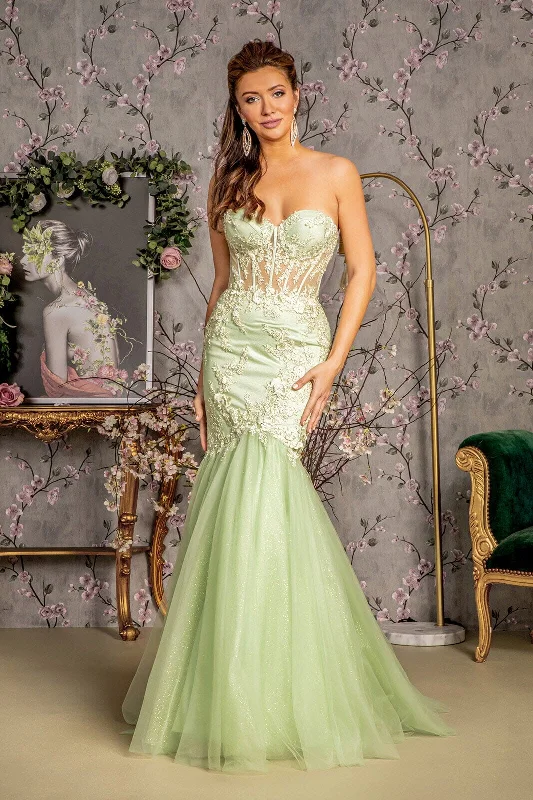 formal dresses with asymmetrical hemlines for trendy looks --Embroidered Strapless Mermaid Dress by GLS Gloria GL3211