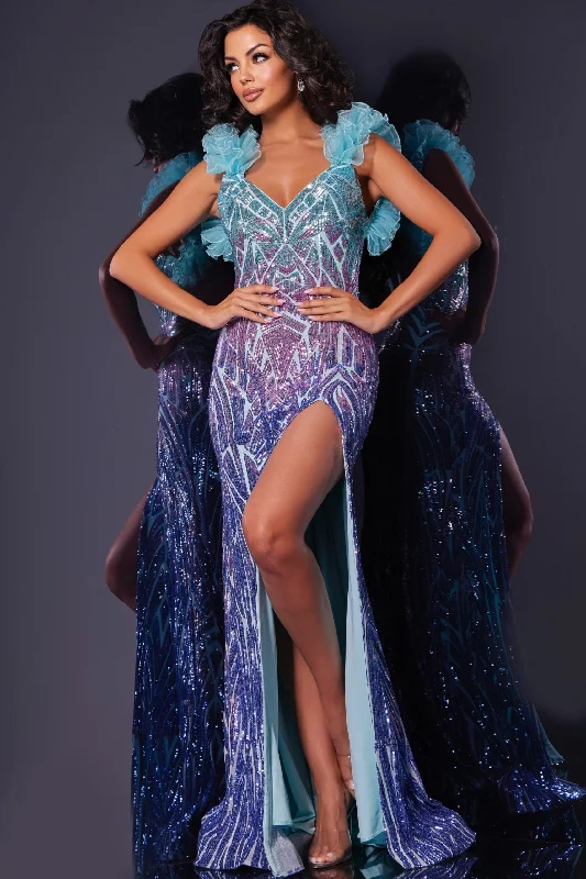 formal dresses with pleated skirts for graceful movement --Sequin Fitted Ruffle Sleeve Slit Gown by Jovani 40761