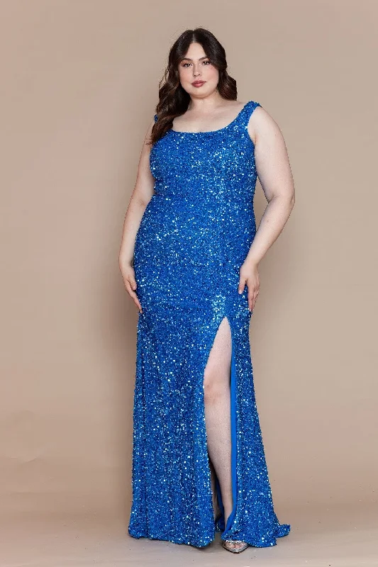Wedding guest dresses that complement gold jewelry -Plus Size Fitted Sleeveless Sequin Gown by Poly USA W1126