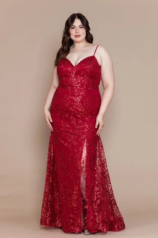 Wedding guest dresses with pockets for practicality -Plus Size Glitter Print Sleeveless Slit Gown by Poly USA W1154