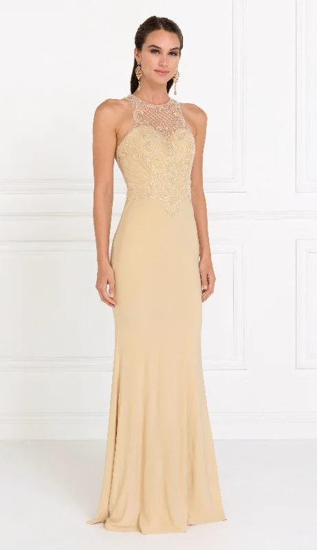 Wedding guest dresses for both day and night celebrations -Beaded Illusion Champagne Mermaid Dress by Elizabeth K GL1507