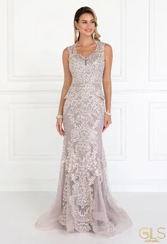 Affordable wedding guest dresses for every occasion and budget -Long Embroidered Mauve Dress by Elizabeth K GL1530