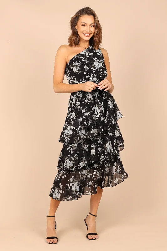 Wedding guest dresses for afternoon weddings with a sophisticated feel -Brigette One Shoulder Tiered Midi Dress - Black Floral