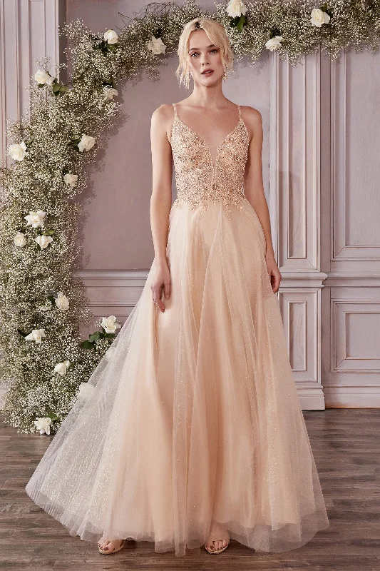 formal dresses for post-surgery patients with easy closures --Applique Tulle Gown by Cinderella Divine CD0195