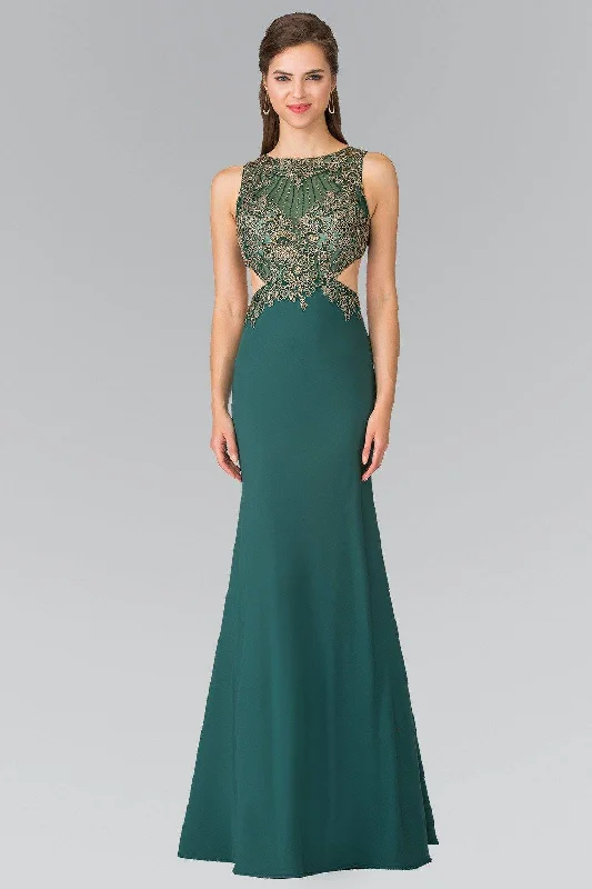 cocktail dresses with off-shoulder ruffles for feminine vibe --Embroidered Illusion Dress with Cutouts by Elizabeth K GL2324