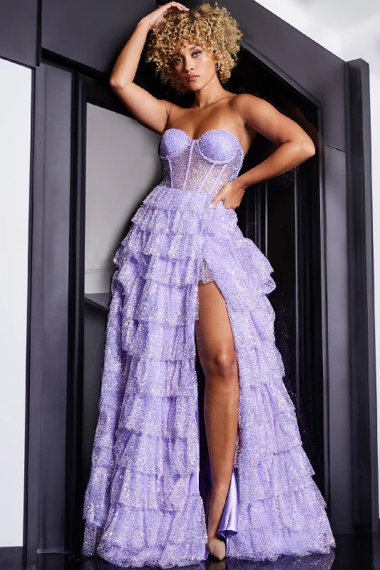 cocktail dresses with floral embroidery for romantic style --Strapless Ruffled A-line Slit Gown by Jovani 38165