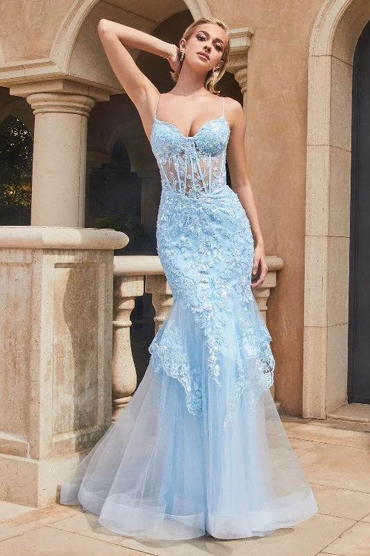 cocktail dresses with off-shoulder ruffles for feminine vibe --Applique Sleeveless Corset Mermaid Dress by Ladivine 9316