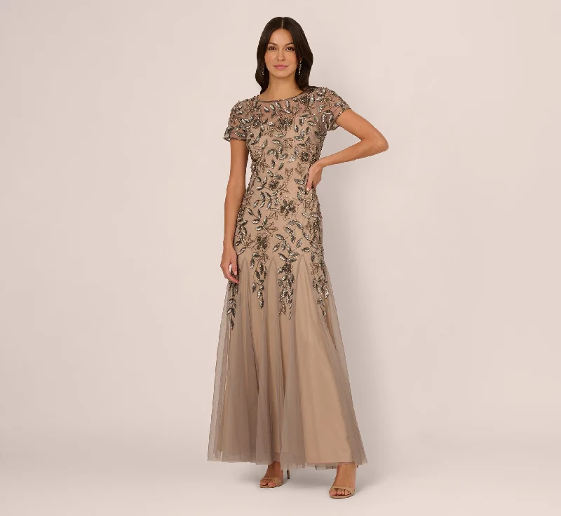 formal dresses for prom with tulle skirts and corset tops --Hand Beaded Short Sleeve Floral Godet Gown In Mercury Nude