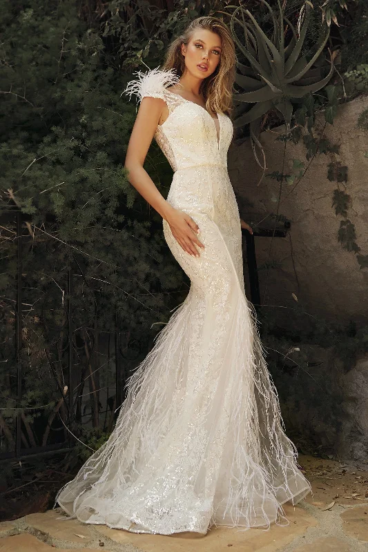 formal dresses for plus size women with A-line skirts --White Feather Mermaid Dress by Cinderella Divine C57W