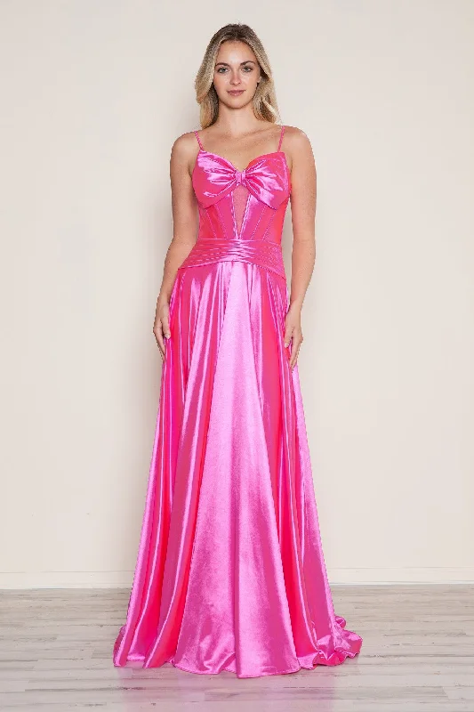formal dresses for winter galas with fur collars --Satin Sleeveless Bow A-line Gown by Poly USA 9702