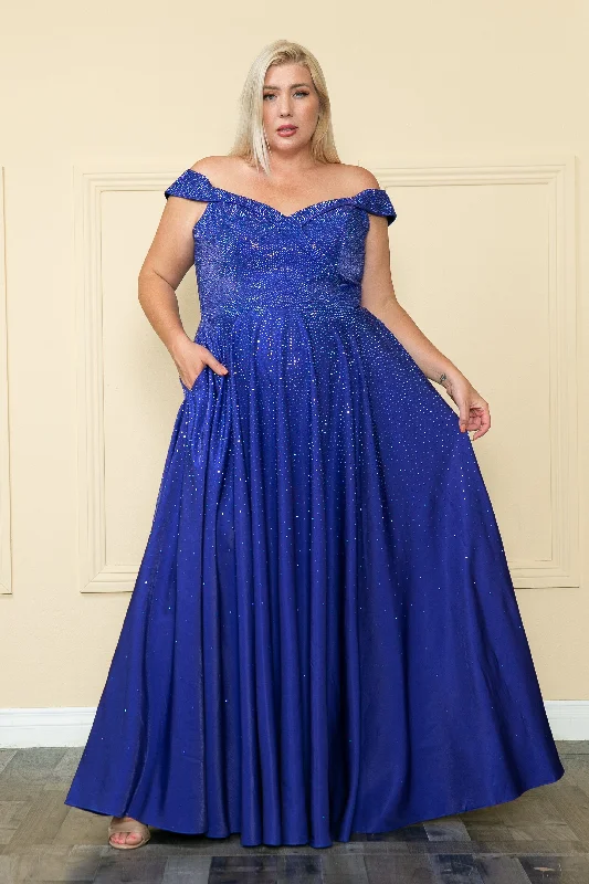 Trendy wedding guest dresses for weddings in tropical climates -Plus Size Rhinestone Off Shoulder Gown by Poly USA W1112