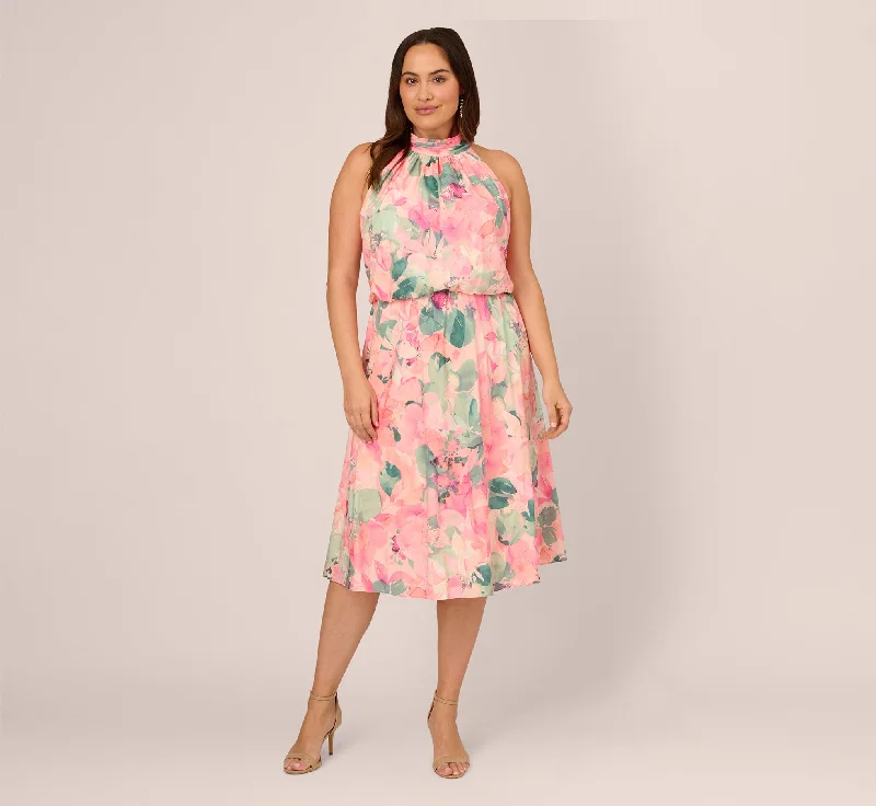 Spring dresses for weddings with chic, modern designs -Plus Size Floral Print Chiffon Halter Dress With Mock Neck In Blush Multi
