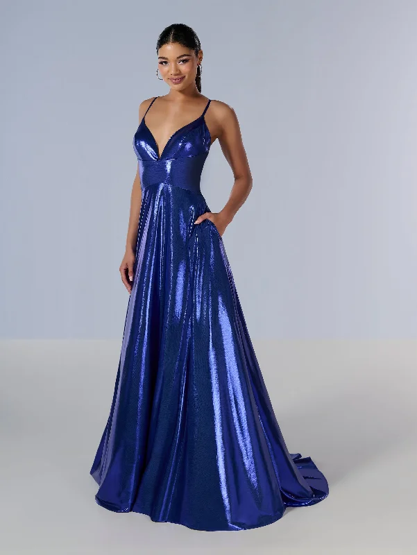 formal dresses with sheer panels for modern style --Metallic Sleeveless A-line Gown by Tiffany Designs 16179