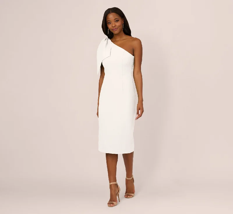 Spring dresses with high-low hems for a modern look -One Shoulder Midi Dress With Bow Accent In Ivory