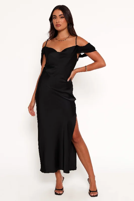 formal dresses with high necklines for modest fashion lovers --Reyna Off Shoulder Maxi Dress - Black