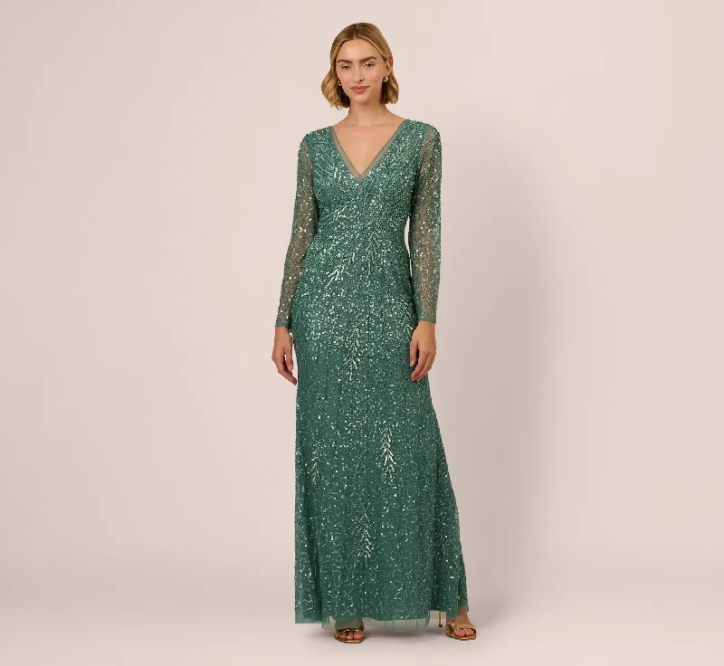 formal dresses with satin fabric for smooth texture --Long Sleeve Beaded Full Length Dress In Green Slate