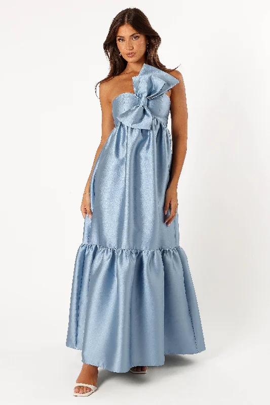 plus size satin bridesmaid dresses with ruched bodices --Betina Bow Front Maxi Dress - Blue