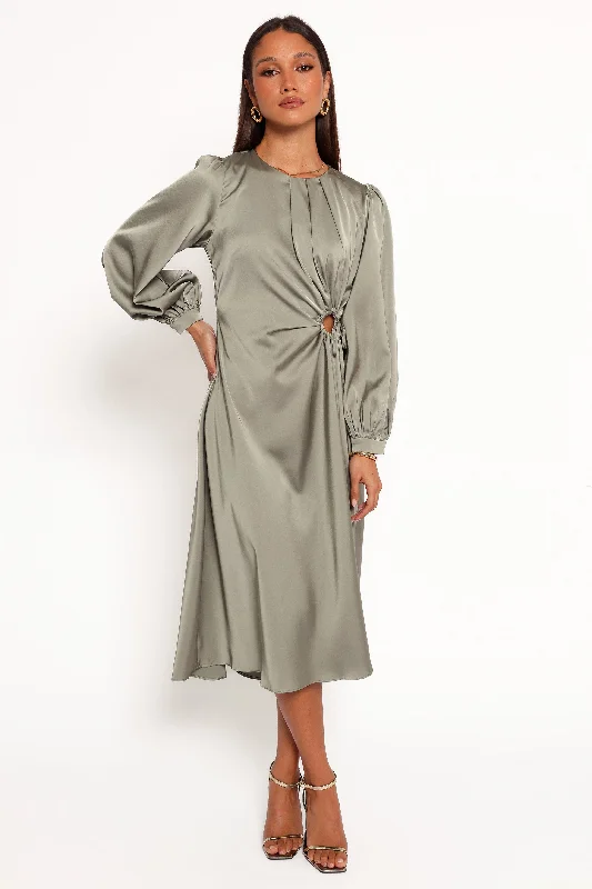 Trendy wrap dresses for wedding guests in warmer weather -Windsor Long Sleeve Maxi Dress - Olive