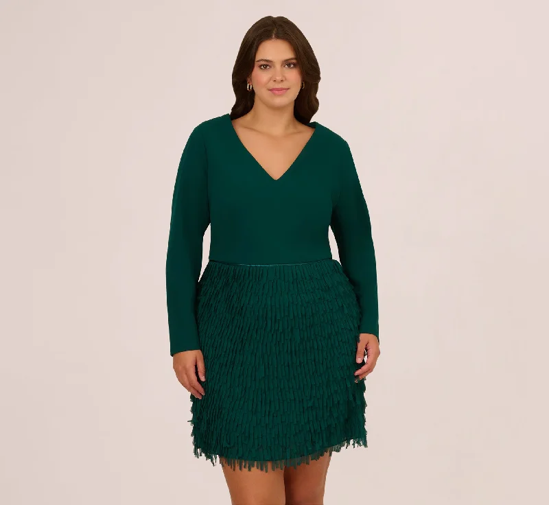 Wedding guest dresses for spring and summer with floral patterns -Plus Size Combo Fabric Fringe Mini Dress In Dark Ivy
