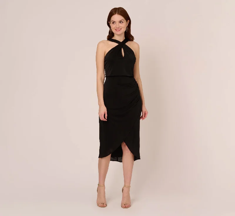 A-line spring dresses for all body types -Halter Cocktail Dress With Faux Wrap Skirt In Black