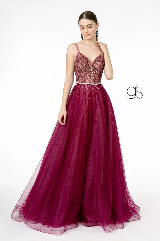 cocktail dresses with lace backs for intricate detail --Long A-line Tulle Dress with Embellished Bodice by Elizabeth K GL2991
