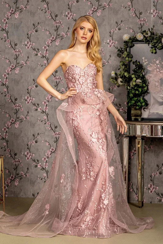 cocktail dresses with floral appliques for spring vibes --Fitted 3D Floral Strapless Overskirt Gown by GLS Gloria GL3257