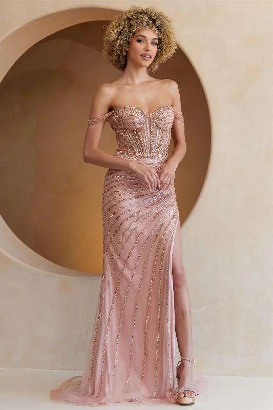 cocktail dresses with floral embroidery for romantic style --Beaded Off Shoulder Slit Gown by Amelia Couture TM1029