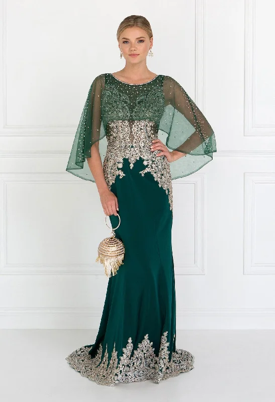 Wedding guest dresses for destination weddings -Long Mermaid Cape Dress with Embroidery by Elizabeth K GL1595