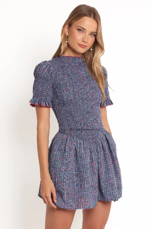 Colorful floral dresses for spring cocktail parties -Celine Mini Dress - Navy Plaid