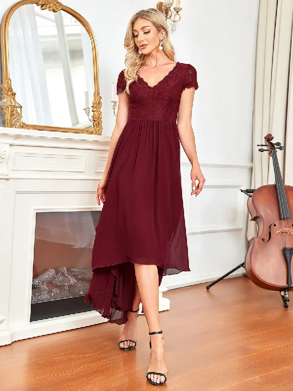 formal dresses with satin fabric for smooth texture --Wholesale Mother of Bridesmaid Dresses with Deep V Neck Short Sleeves
