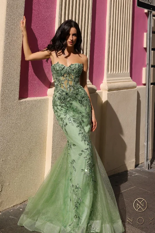 formal dresses with sequined bodices for sparkle --Applique Strapless Corset Mermaid Dress by Nox Anabel G1258