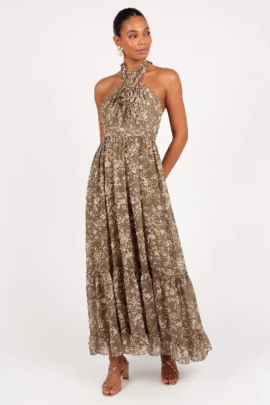 cocktail dresses with puff sleeves for vintage vibes --Lennon Halterneck Maxi Dress - Olive Floral