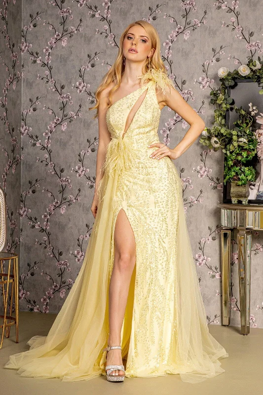 formal dresses with high necklines for modest fashion lovers --Fitted One Shoulder Feather Slit Gown by GLS Gloria GL3278