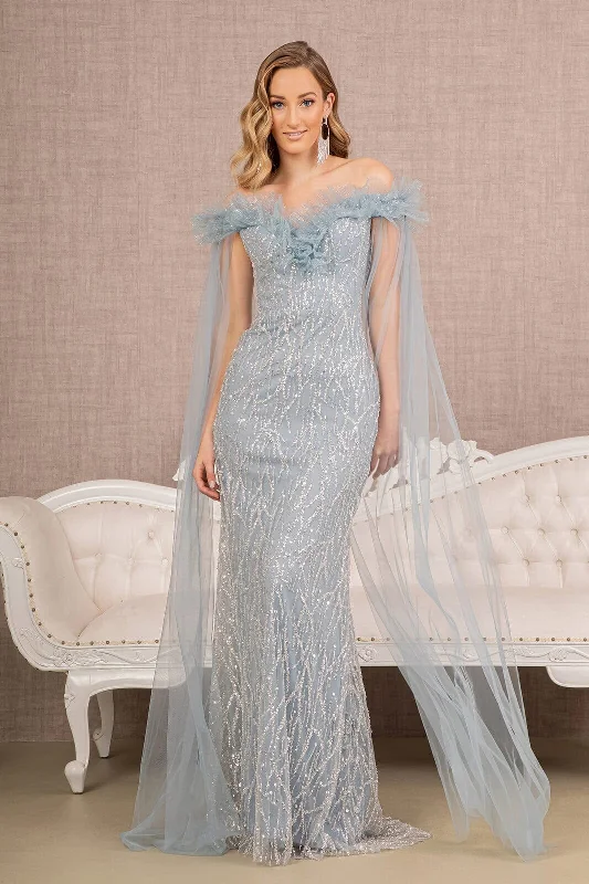 Trendy wedding guest dresses with sleek necklines for a sophisticated look -Sequin Cape Sleeve Mermaid Dress by GLS Gloria GL3120