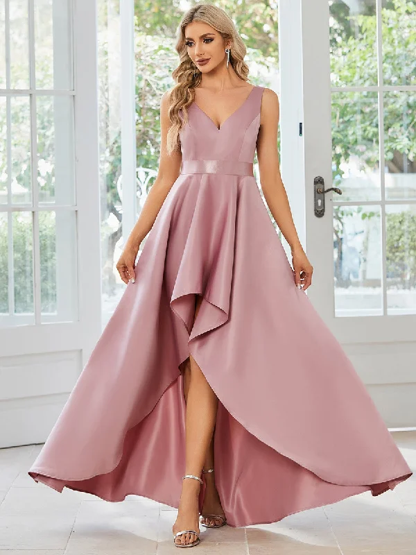 formal dresses with floral embroidery for spring occasions --High Low A Line Belted Stain Wholesale Prom Dresses