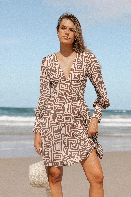 Classic and elegant dresses for black-tie events -Sheridan Long Sleeve Mini Dress - Chocolate Brown Print
