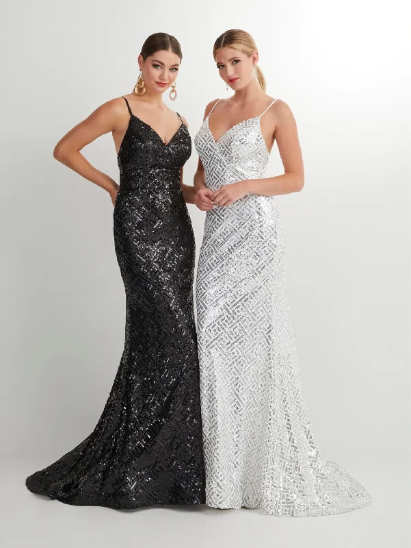 cocktail dresses with floral appliques for spring vibes --Fitted Sequin Print Sleeveless V-Neck Gown by Studio 17 12909