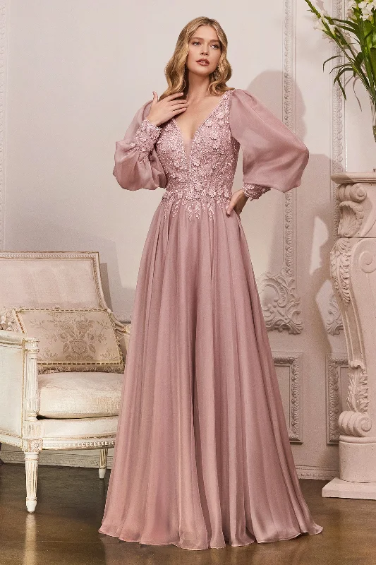 How to style wedding guest dresses with scarves and wraps -Long Sleeve Chiffon Gown by Cinderella Divine CD0183