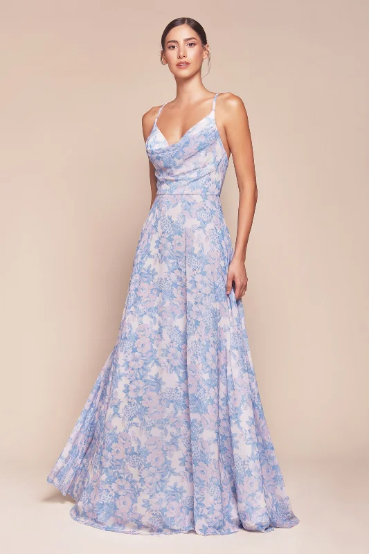 bridesmaid dresses in dusty blue for spring weddings --Floral Print Sleeveless A-line Gown by Ladivine 7444