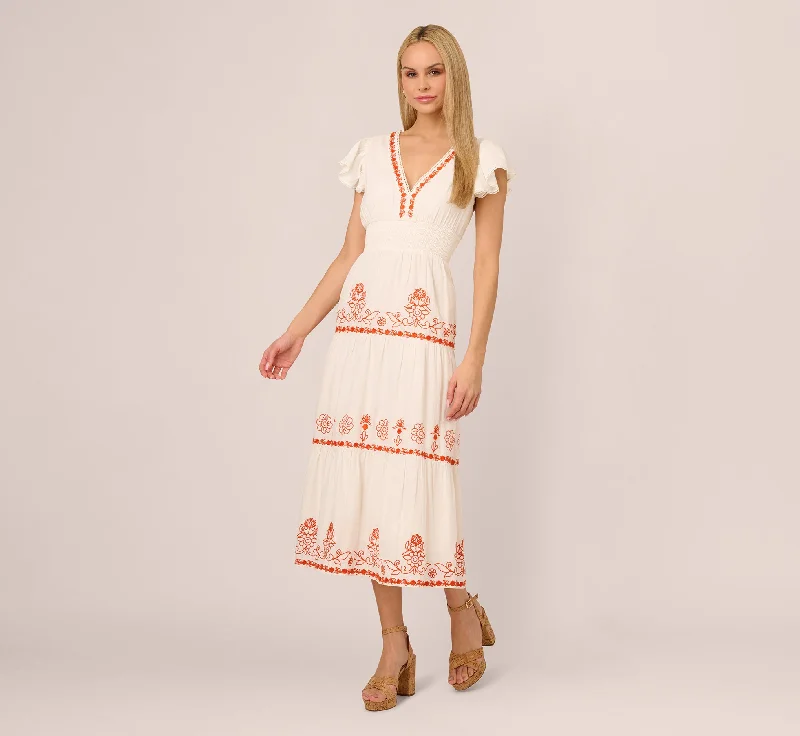 Spring dresses for sunny days with cool fabrics -Embroidered Flutter Sleeve Tiered Midi Dress In Ivory Red Multi
