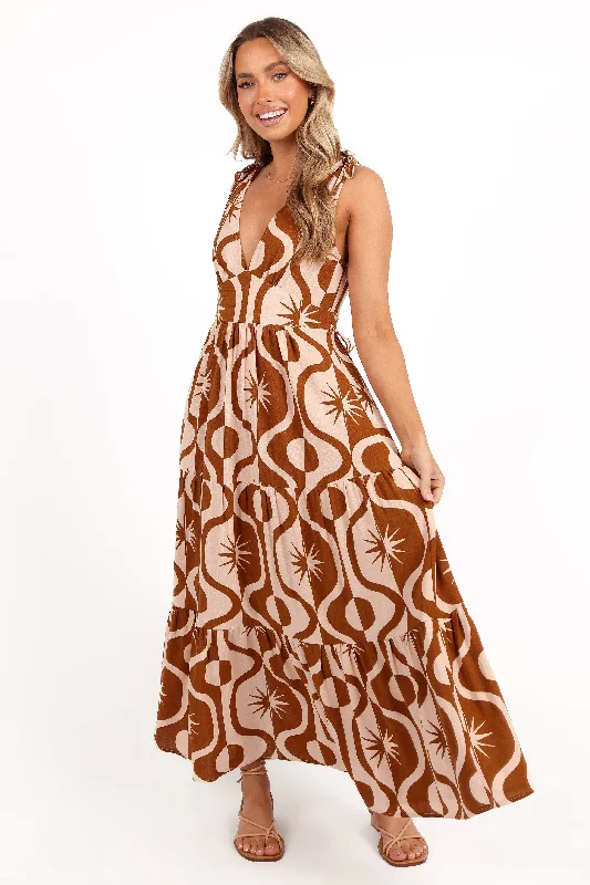 cocktail dresses with off-shoulder necklines for feminine charm --Zora Maxi Dress - Tan Print