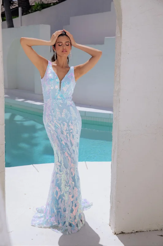 formal dresses with chiffon overlays for soft flow --Sequin Print Fitted V-Neck Gown by Eureka EK101