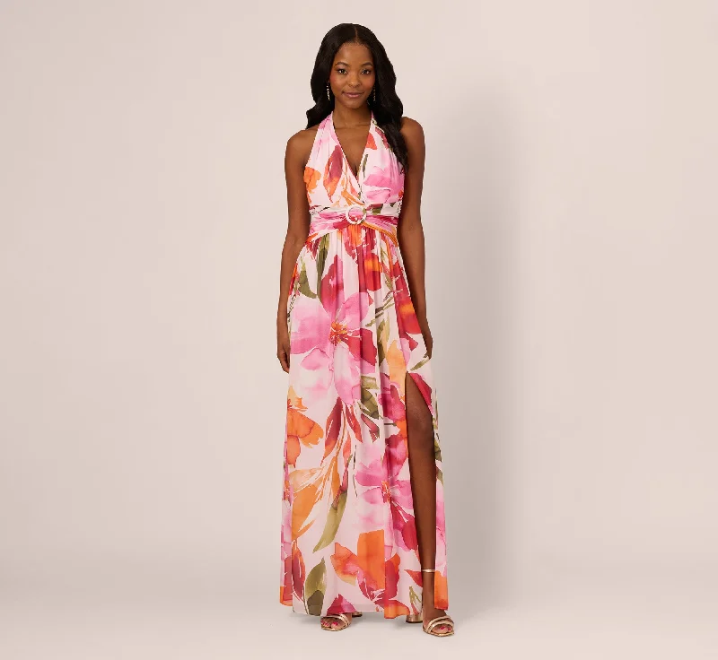formal dresses with built-in bras for added support --Sleeveless Surplice Floral Chiffon Gown In Pink Orange Multi